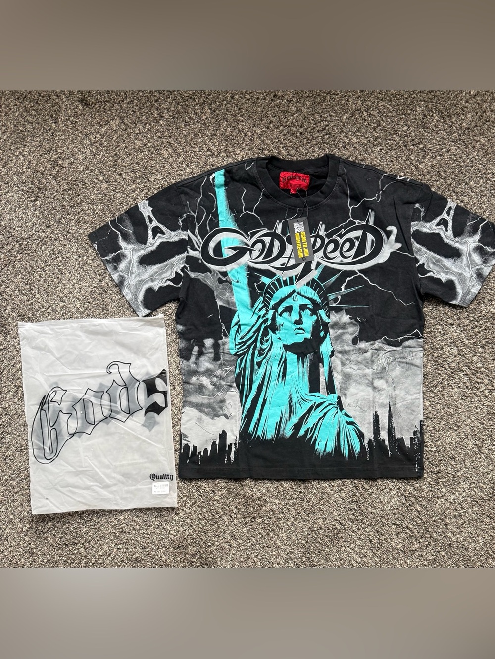 GODSPEED Men’s Black Tee with Teal Statue of Liberty Graphic